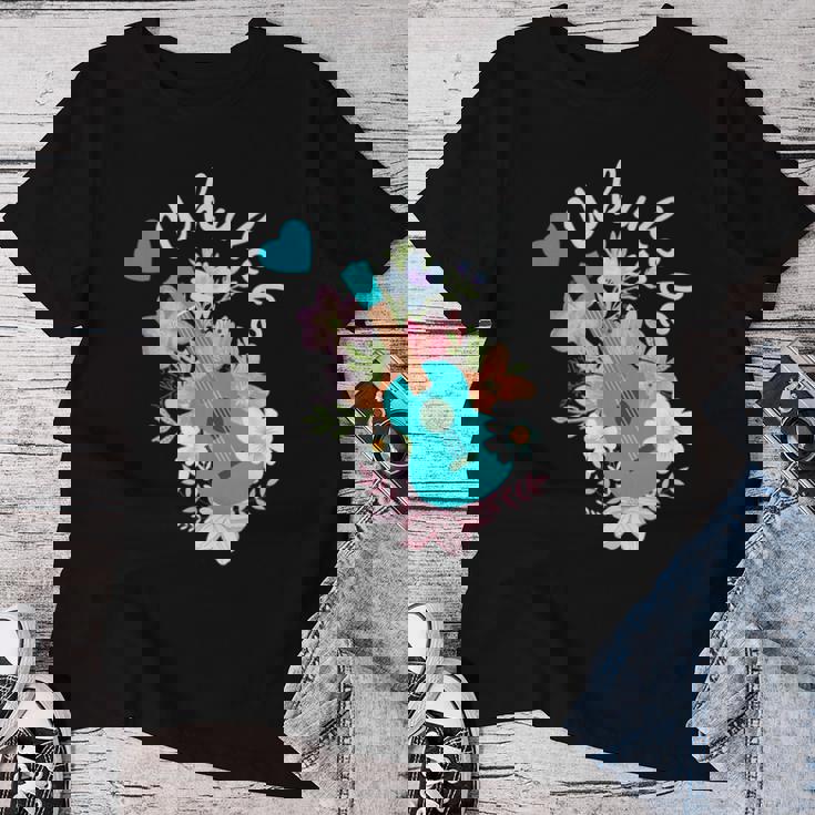 ウクレレギフト 70年代の花のウクレレ奏者 レディースTシャツ 面白い贈り物