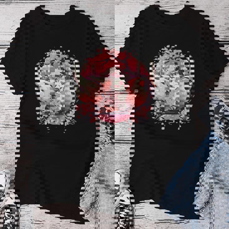 キツネ キツネ 九尾キツネ 桜花 レディースTシャツ 面白い贈り物