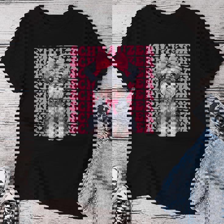 コケット リボン シュナウザー 女の子 犬 ママ 母の日 ピンク レディースTシャツ 面白い贈り物