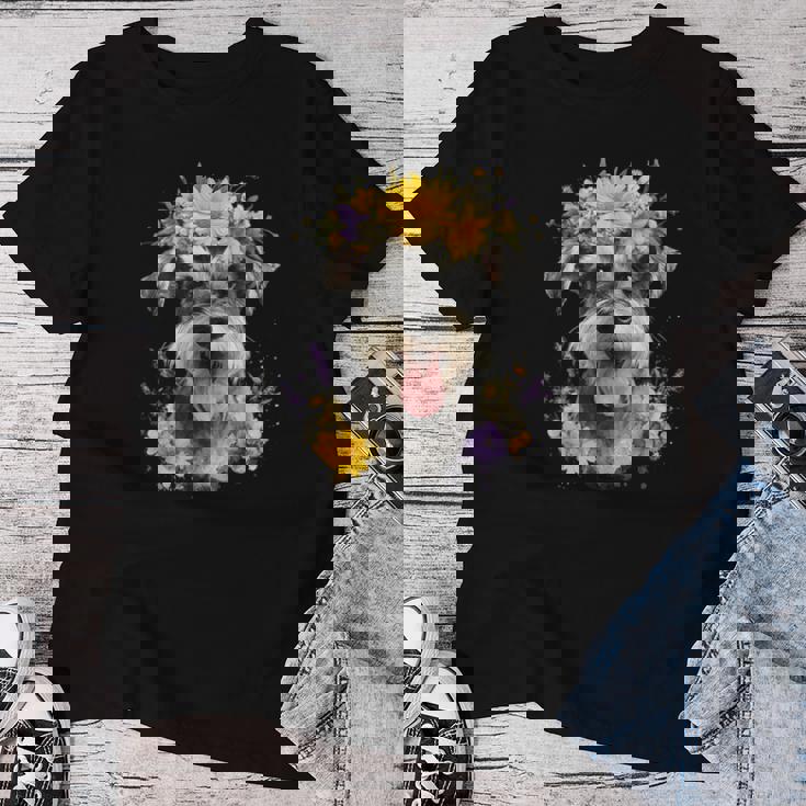 シュナウザー ママ 犬好き 母の日 レトロ 花 レディースTシャツ 面白い贈り物