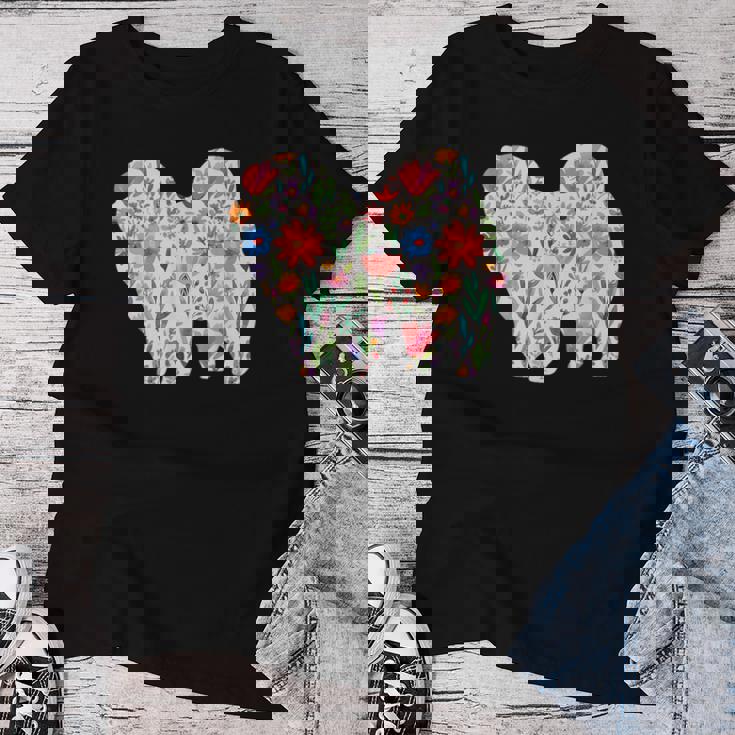 チャウチャウ 水彩 花 デザイン レディースTシャツ 面白い贈り物