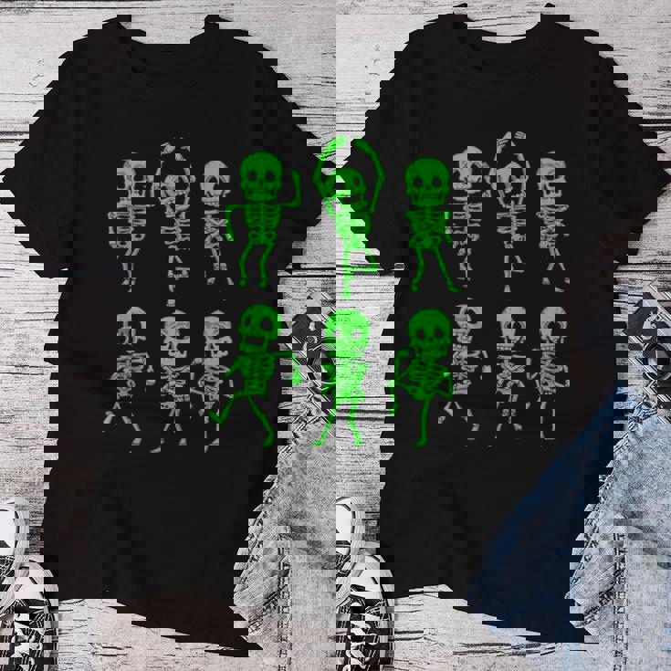 ハロウィン ダンシングスケルトン グリーン 不気味な男の子 女の子 キッズ レディースTシャツ 面白い贈り物