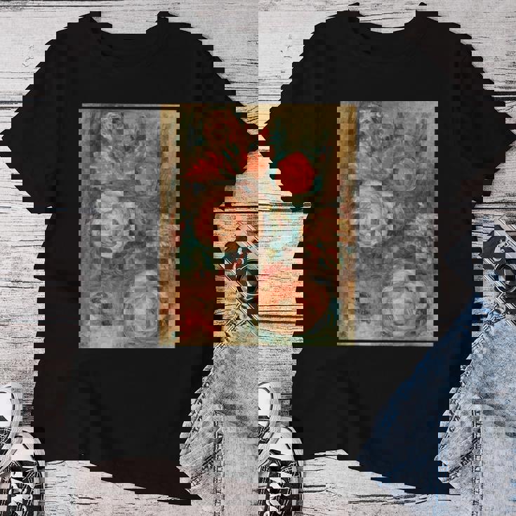 バラの花束 ルノワール 印象派 カラフル絵画 レディースTシャツ 面白い贈り物