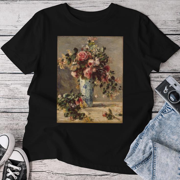 ピエール・オーギュスト ルノワールのバラとジャスミン デルフト花瓶 長袖tシャツ レディースTシャツ 面白い贈り物