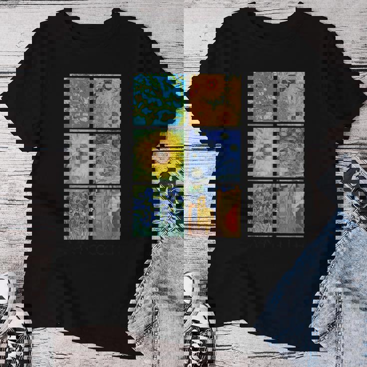 ヴァン・ゴッホコラージュ 星月夜 ひまわり アーモンドの花 レディースTシャツ 面白い贈り物