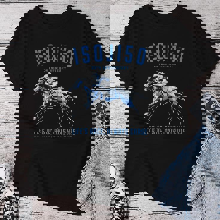 早寿祝い 五十路 競馬好き 馬好き 父 母 男性 女性 50歳お祝い Life's Race Always Chase レディースTシャツ 面白い贈り物