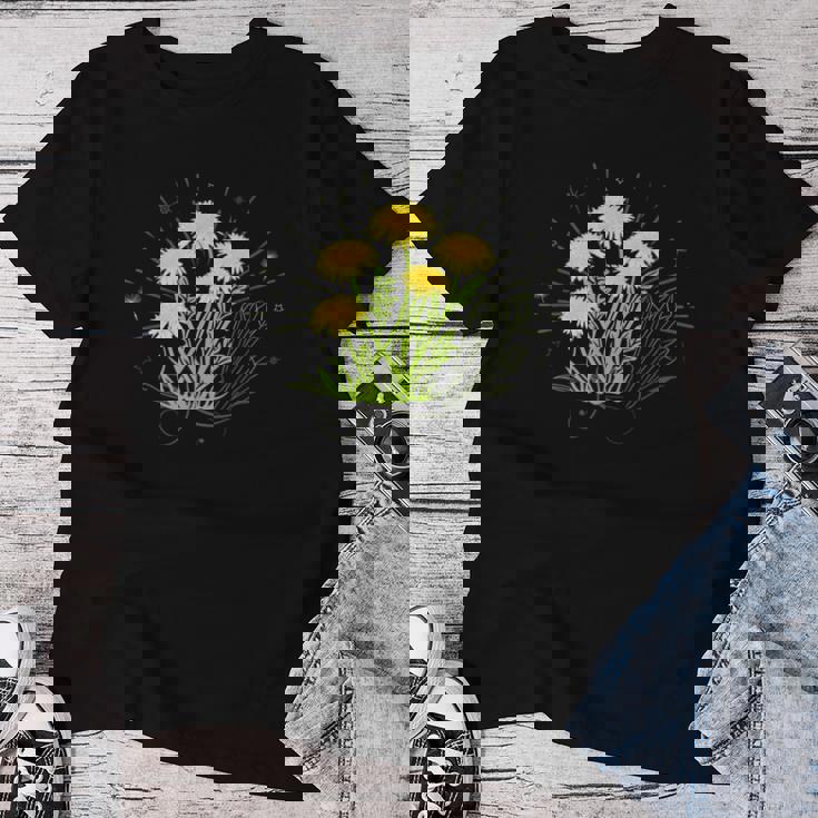 星と水晶の先端の夏の花とタンポポ レディースTシャツ 面白い贈り物