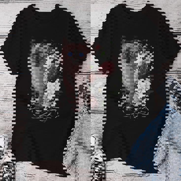 花とシャム猫、ヴィンテージ感、花柄シャム猫 レディースTシャツ 面白い贈り物