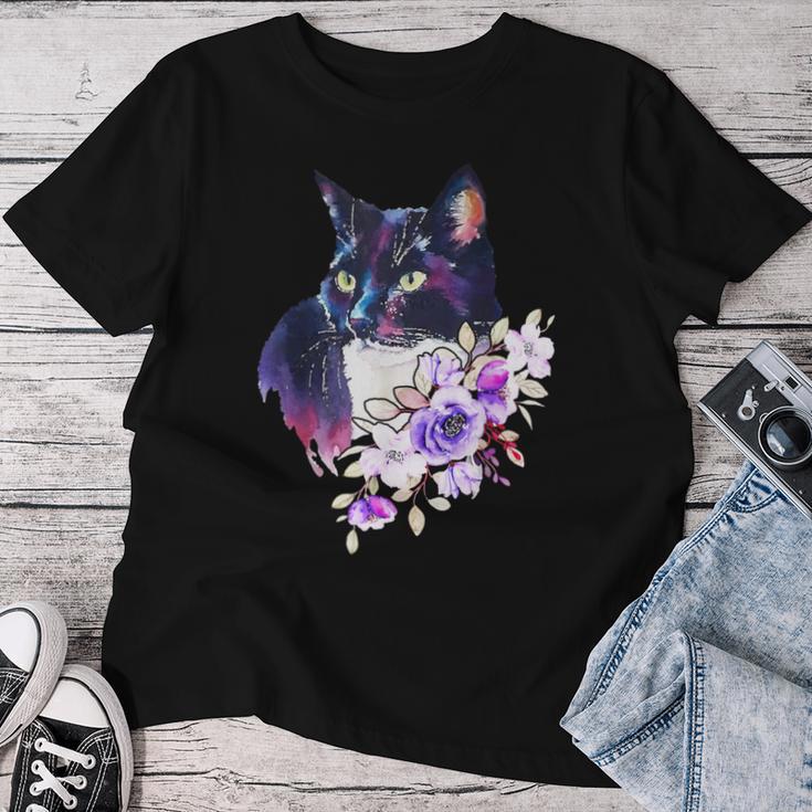 花と猫、水彩画のような表情 レディースTシャツ 面白い贈り物