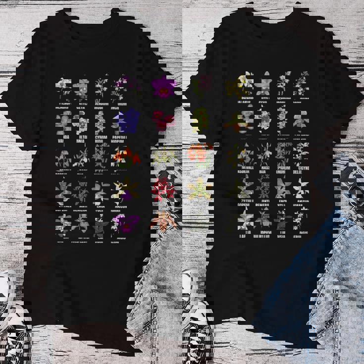 蘭の花の種類植物チャートガイド レディースTシャツ 面白い贈り物