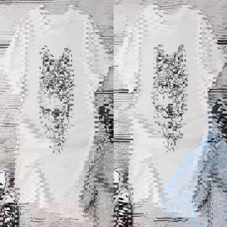 ウルフ フローラル ヴィンテージ 花 オオカミの顔 オオカミの恋人 レディースTシャツ 面白い贈り物