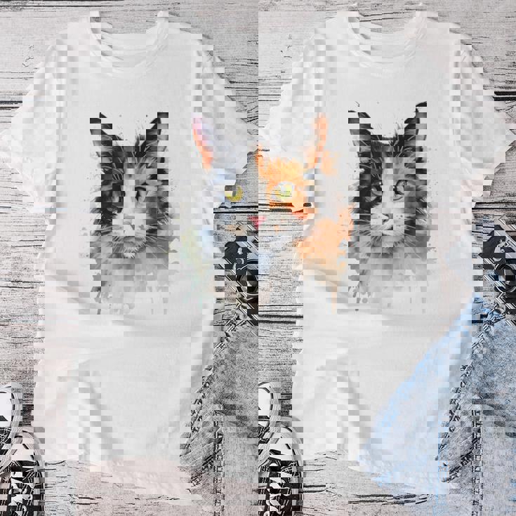 クールな水彩 三毛猫顔 三毛猫 お母さん 猫 お父さん レディースTシャツ 面白い贈り物