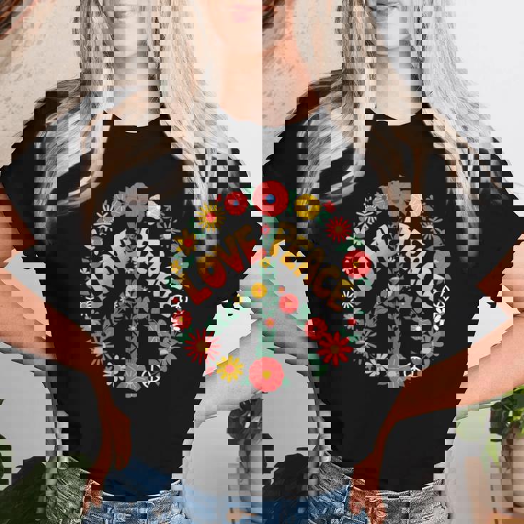 Love Peace Flower Power レトロ ヒッピー フローラル ピースマーク レディースTシャツ 彼女への贈り物