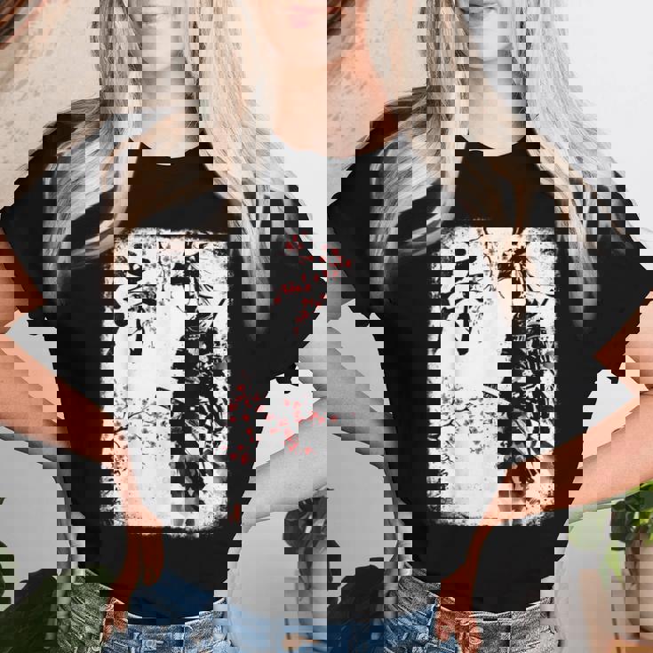 Samurai Giraffe Ninja Budo Japan Worrior Cherry Blosson レディースTシャツ 彼女への贈り物