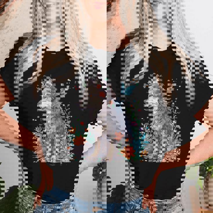 かわいいオオカミ 花 I キッズ オオカミ 長袖tシャツ レディースTシャツ 彼女への贈り物