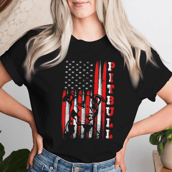 アメリカン ピットブル・テリア国旗 面白い犬 お父さん お母さん ギフト レディースTシャツ 彼女への贈り物