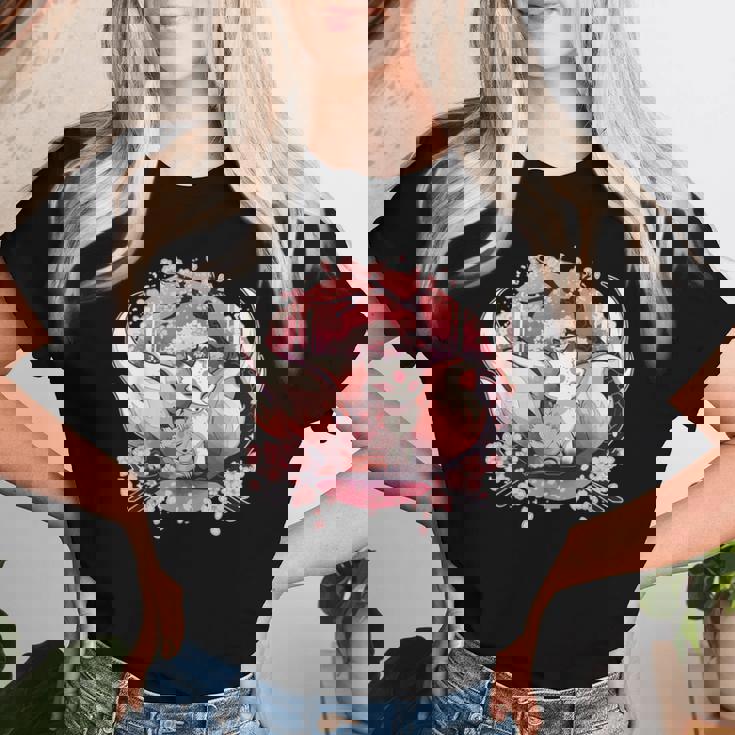 キツネ キツネ 九尾キツネ 桜花 レディースTシャツ 彼女への贈り物