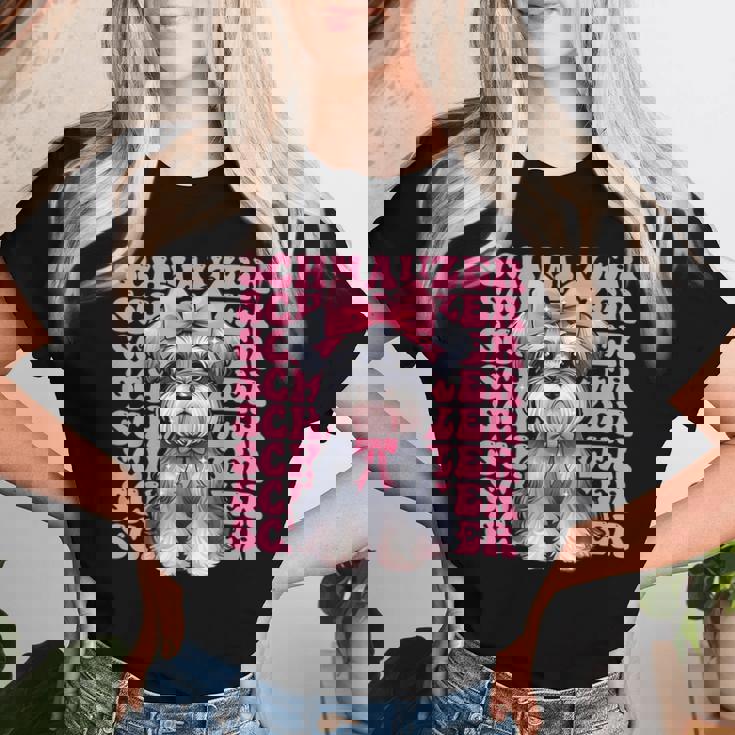 コケット リボン シュナウザー 女の子 犬 ママ 母の日 ピンク レディースTシャツ 彼女への贈り物