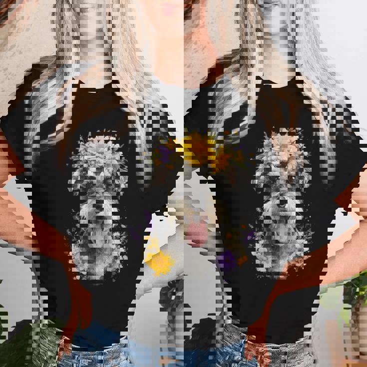 シュナウザー ママ 犬好き 母の日 レトロ 花 レディースTシャツ 彼女への贈り物