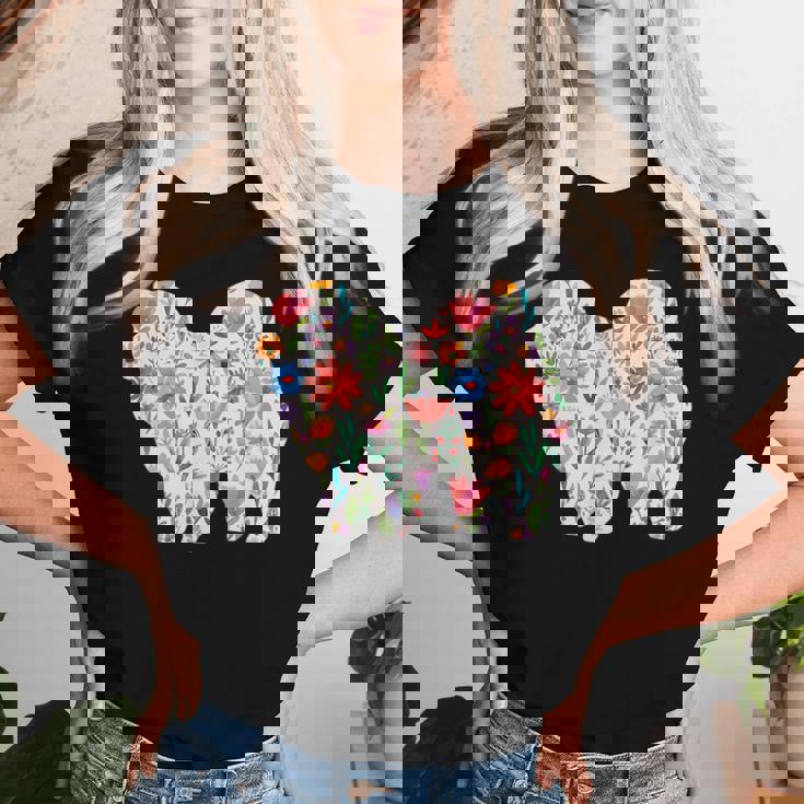 チャウチャウ 水彩 花 デザイン レディースTシャツ 彼女への贈り物