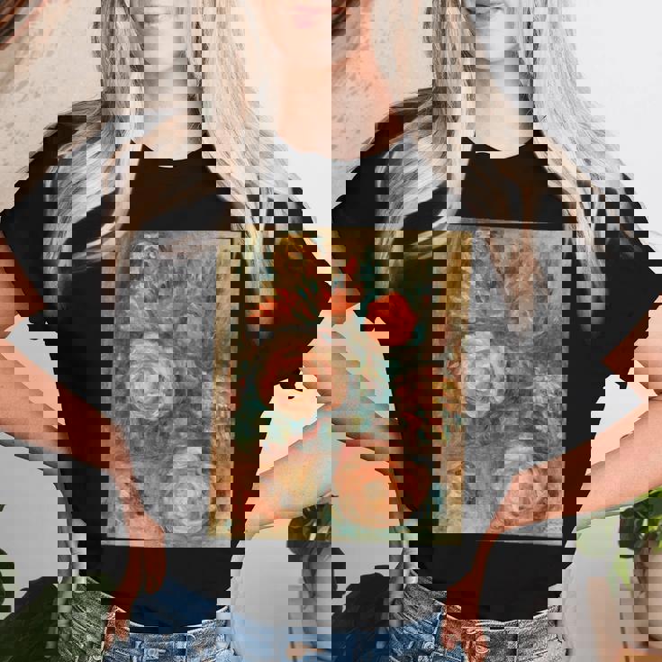 バラの花束 ルノワール 印象派 カラフル絵画 レディースTシャツ 彼女への贈り物