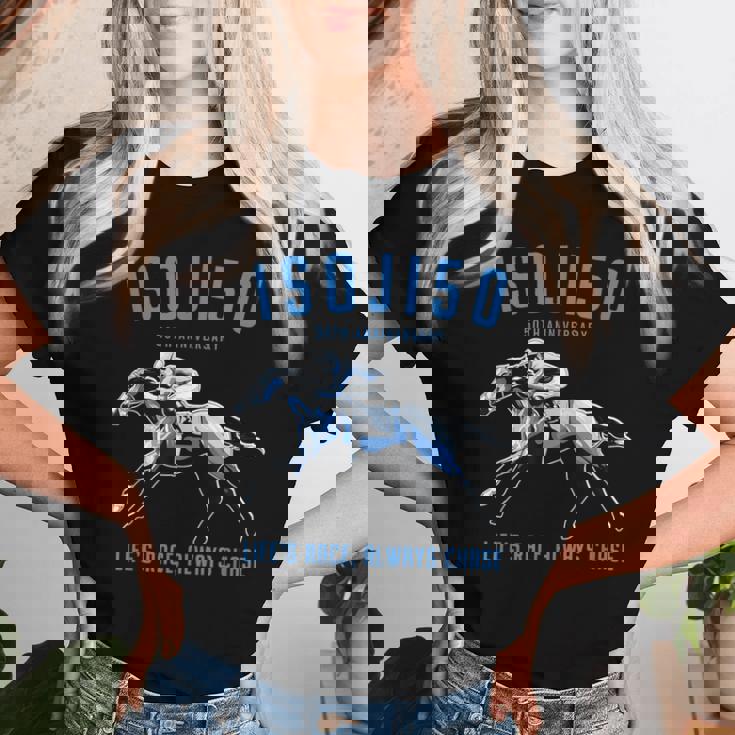 早寿祝い 五十路 競馬好き 馬好き 父 母 男性 女性 50歳お祝い Life's Race Always Chase レディースTシャツ 彼女への贈り物