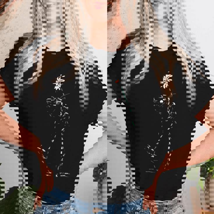 猫 抱っこ 花 ポートレート 動物 モチーフ イラスト 猫 レディースTシャツ 彼女への贈り物