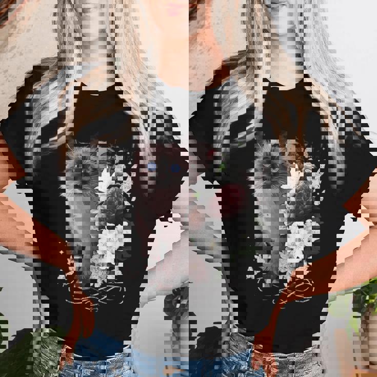 花とシャム猫、ヴィンテージ感、花柄シャム猫 レディースTシャツ 彼女への贈り物