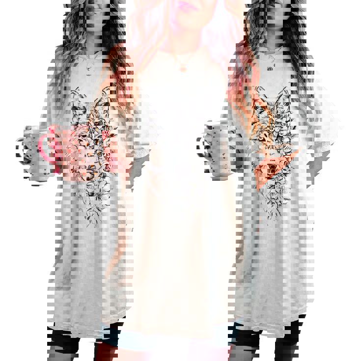 ウルフ フローラル ヴィンテージ 花 オオカミの顔 オオカミの恋人 レディースオーバーサイズコンフォートTシャツ