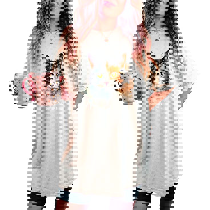 クールな水彩 三毛猫顔 三毛猫 お母さん 猫 お父さん レディースオーバーサイズコンフォートTシャツ