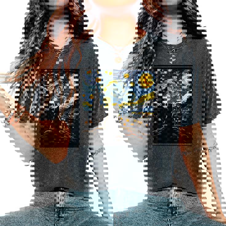 Cat Starry Night Van Gogh Cat For Cat Lover Cat Mom Cat Dad Women's Oversized Comfort T-Shirt