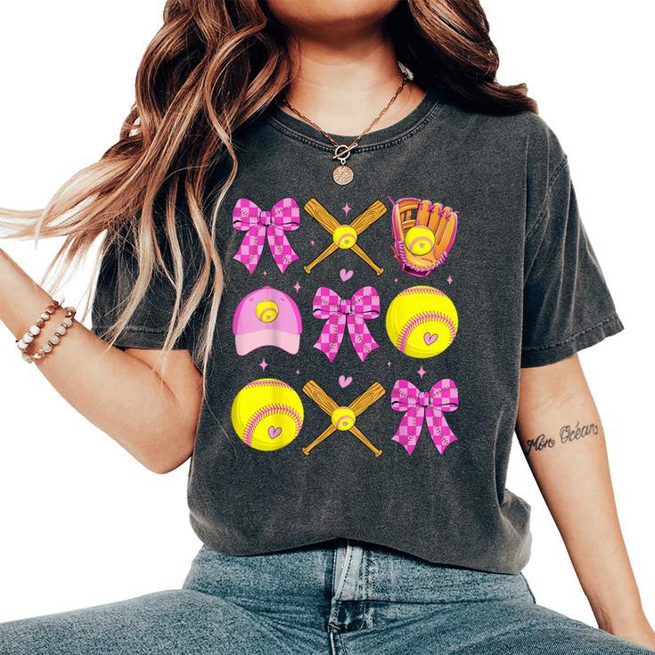 Checkered Mama Bow Cute Softball Mom Game Day Sports Women's Oversized Comfort T-Shirt