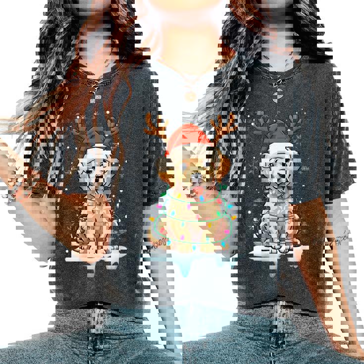 Christmas Light Snow Reindeer Santa Golden Retriever Xmas Women's Oversized Comfort T-Shirt