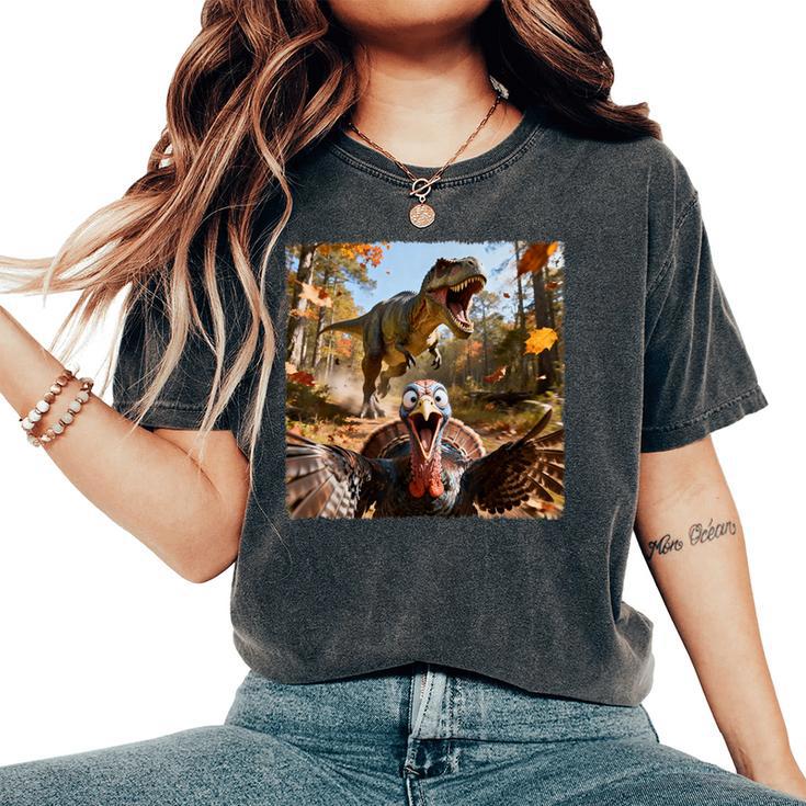 Turkey Selfie With T-Rex Dinosaur Thanksgiving Fall Women's Oversized Comfort T-Shirt