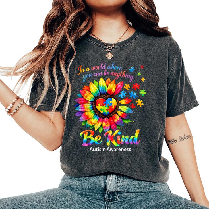 Be Kind Autism Puzzle Colorful Sunflower Autism Awareness Women's Oversized Comfort T-Shirt