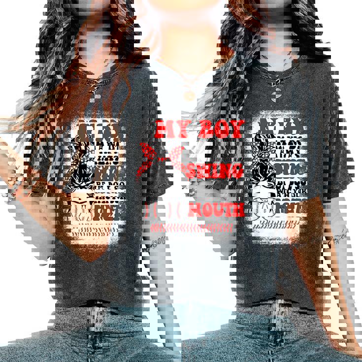 Messy Bun Softball Mom My Boy May Not Always Swing But I Do Women's Oversized Comfort T-Shirt