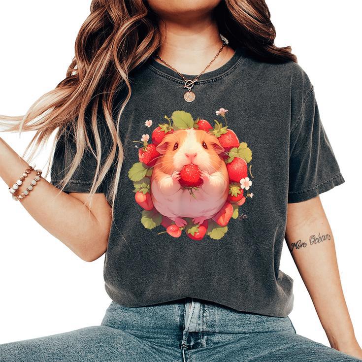 いちご モルモット 水彩 花柄 かわいい モルモット レディースオーバーサイズコンフォートTシャツ