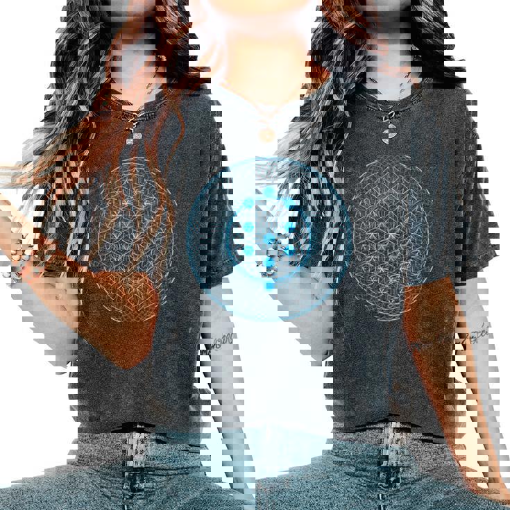 カバラの木と生命の神聖な幾何学の花 レディースオーバーサイズコンフォートTシャツ