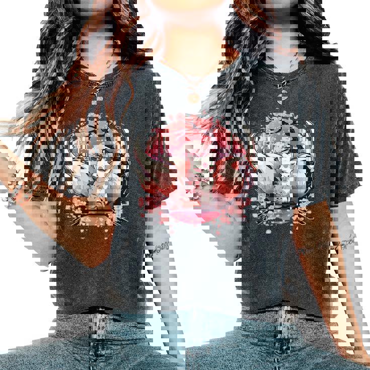 キツネ キツネ 九尾キツネ 桜花 レディースオーバーサイズコンフォートTシャツ