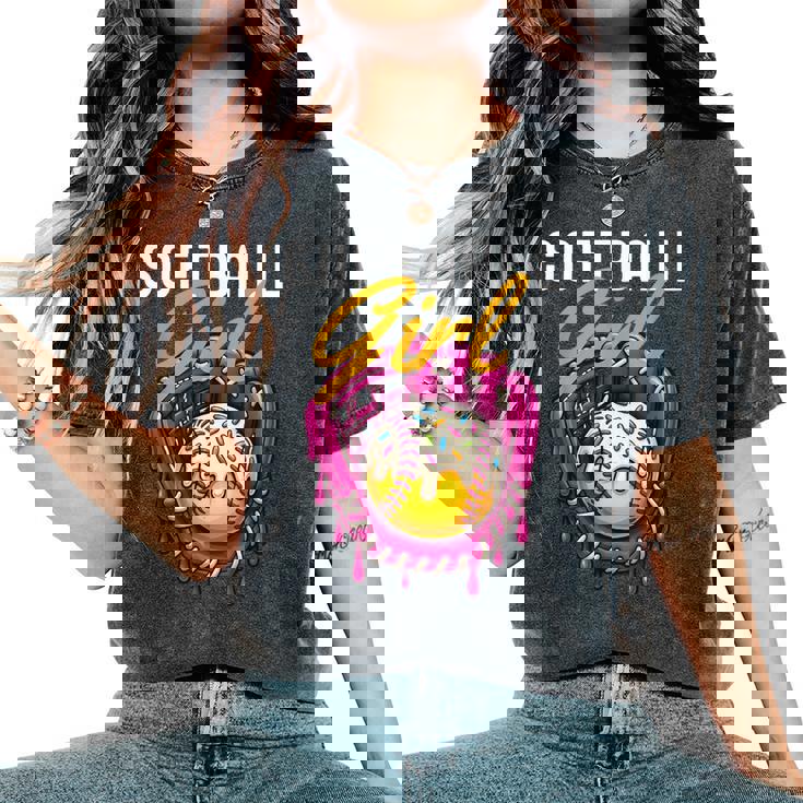 ソフトボール 女の子 名言 滴る アイスクリーム グラフィック ソフトボール ドリップ レディースオーバーサイズコンフォートTシャツ