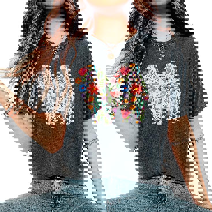 チャウチャウ 水彩 花 デザイン レディースオーバーサイズコンフォートTシャツ