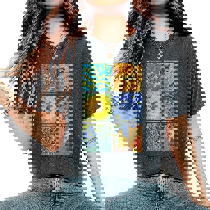 ヴァン・ゴッホコラージュ 星月夜 ひまわり アーモンドの花 レディースオーバーサイズコンフォートTシャツ