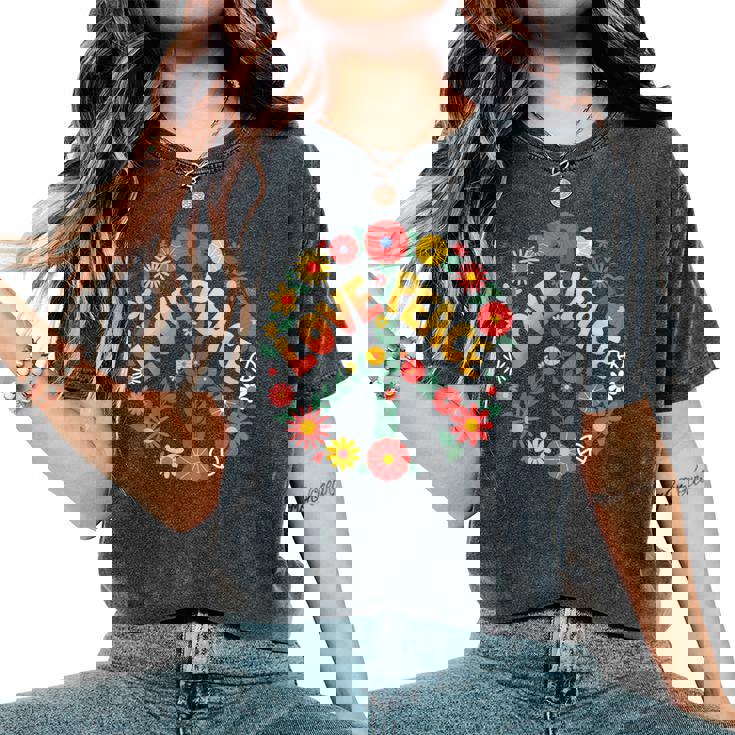 Love Peace Flower Power レトロ ヒッピー フローラル ピースマーク レディースオーバーサイズコンフォートTシャツ