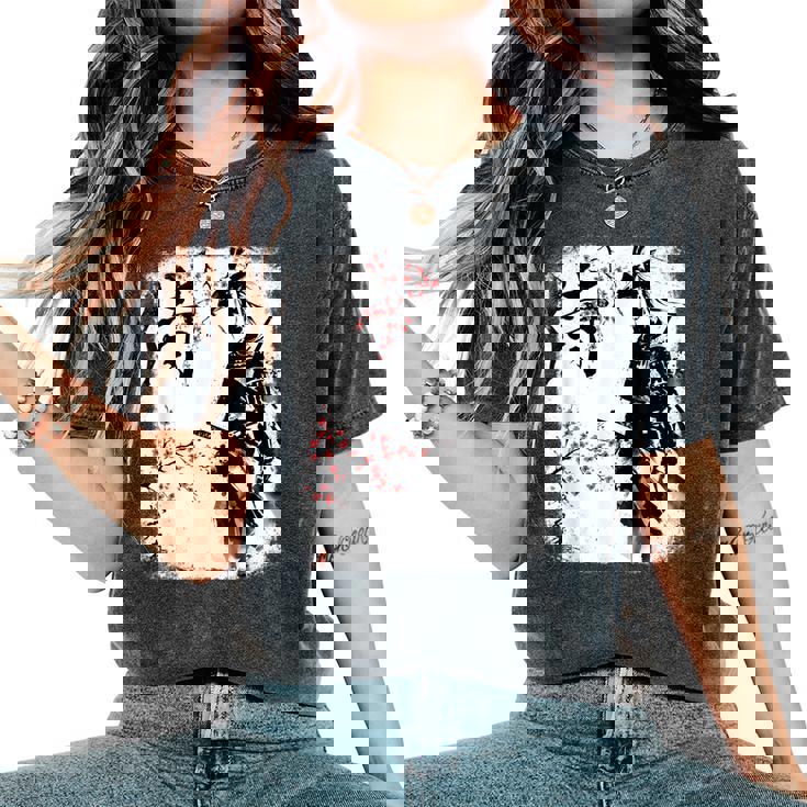 Samurai Giraffe Ninja Budo Japan Worrior Cherry Blosson レディースオーバーサイズコンフォートTシャツ