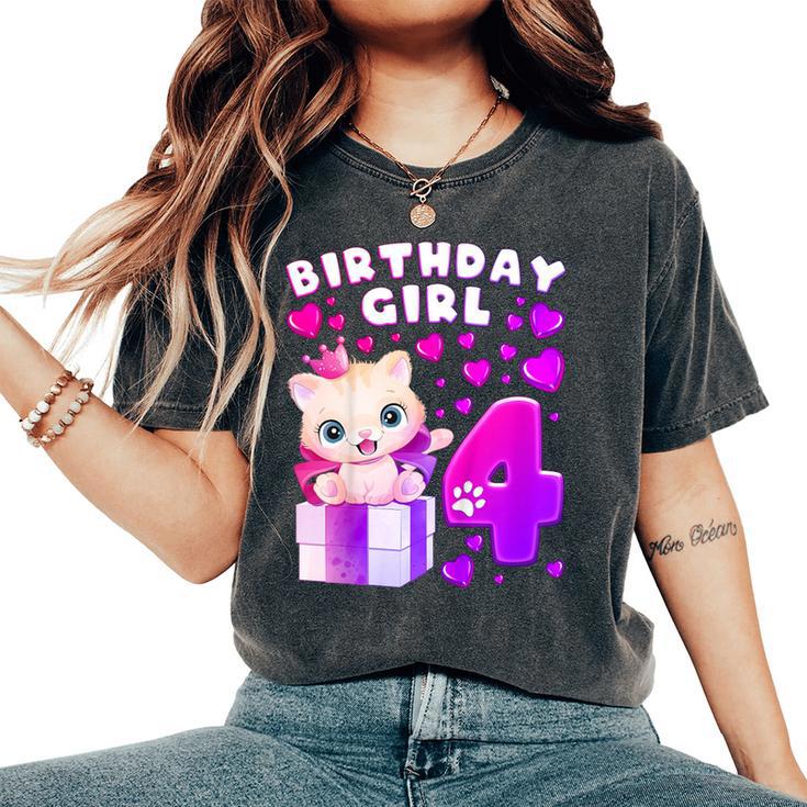 キッズ 4歳の誕生日、4歳の女の子、子猫、番号4 レディースオーバーサイズコンフォートTシャツ キッズ 4歳の誕生日、4歳の女の子、子猫、番号4 レディースオーバーサイズコンフォートTシャツ