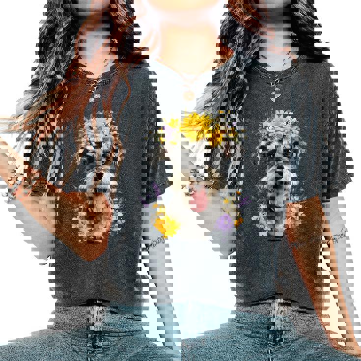 シュナウザー ママ 犬好き 母の日 レトロ 花 レディースオーバーサイズコンフォートTシャツ