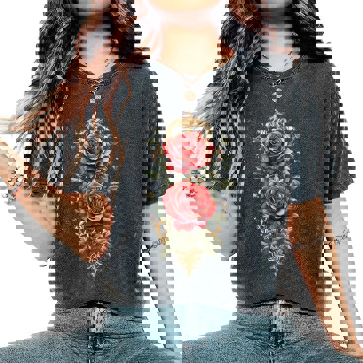 赤いバラ 花 ボタニスト 庭の花 赤いバラ 長袖tシャツ レディースオーバーサイズコンフォートTシャツ