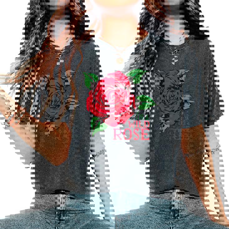 赤いバラとi'm A Wild Roseの花のデザイン レディースオーバーサイズコンフォートTシャツ 赤いバラとi'm A Wild Roseの花のデザイン レディースオーバーサイズコンフォートTシャツ