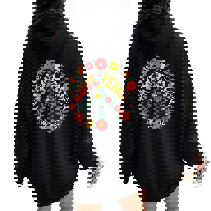 Love Peace Flower Power レトロ ヒッピー フローラル ピースマーク レディース オーバーサイズ パーカー バックプリント