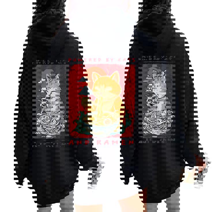 Powered By Cats And Ramen Japanese Cute Cat Lovers Women Oversized Hoodie Back Print